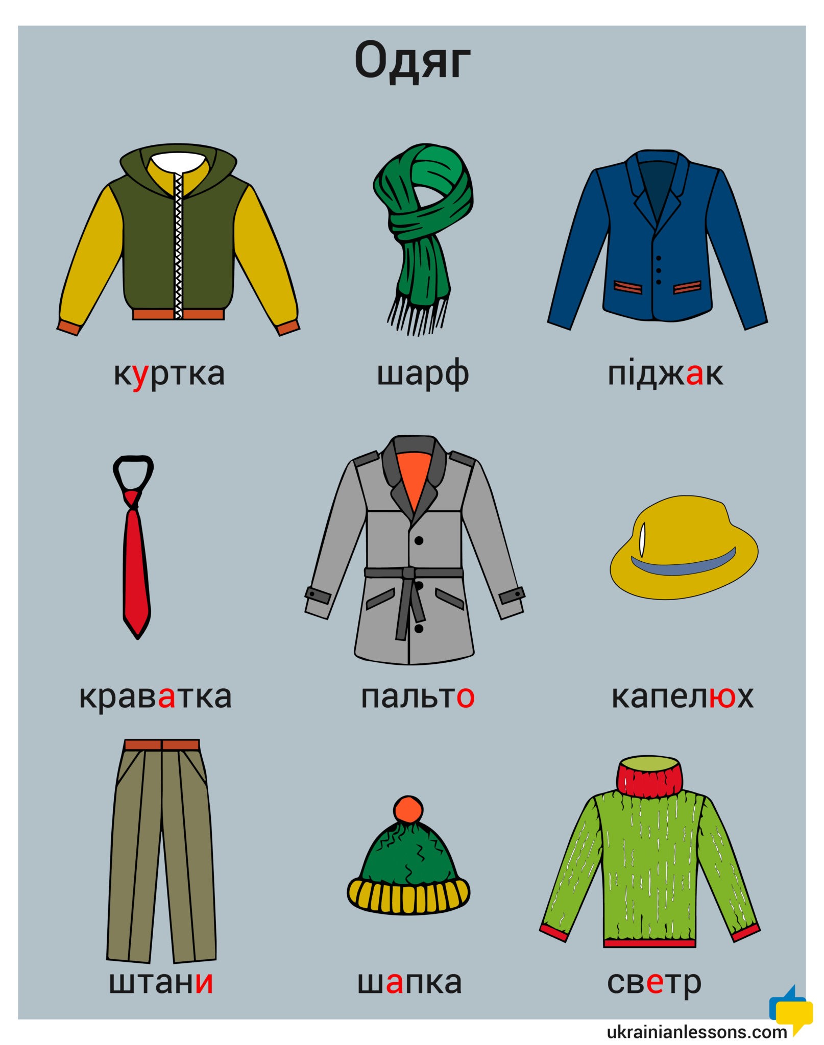 Одяг — Clothes Vocabulary in Ukrainian (with Illustrations and