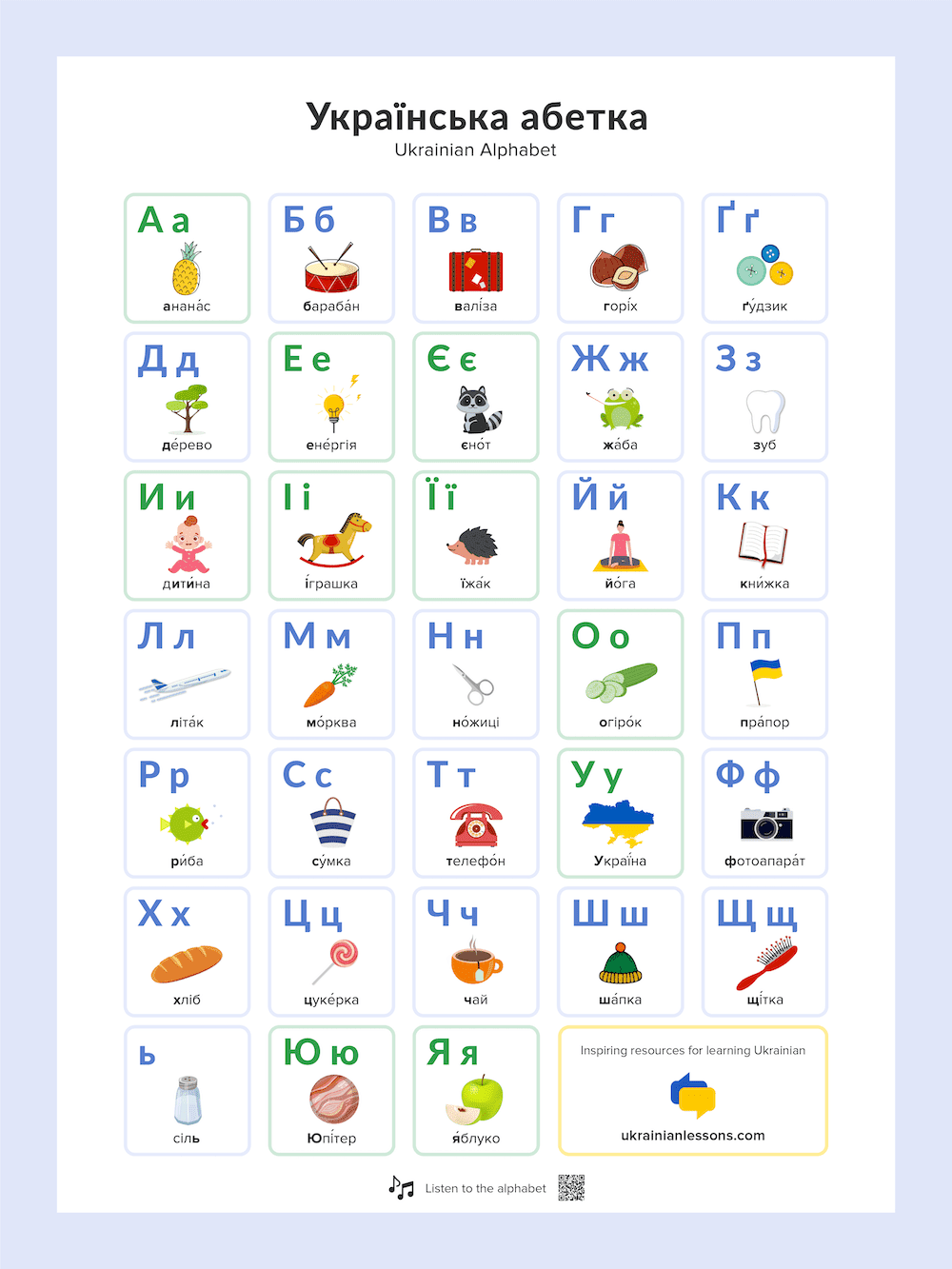 Ukrainian Alphabet Poster With Pictures Simple Words Beautiful Design