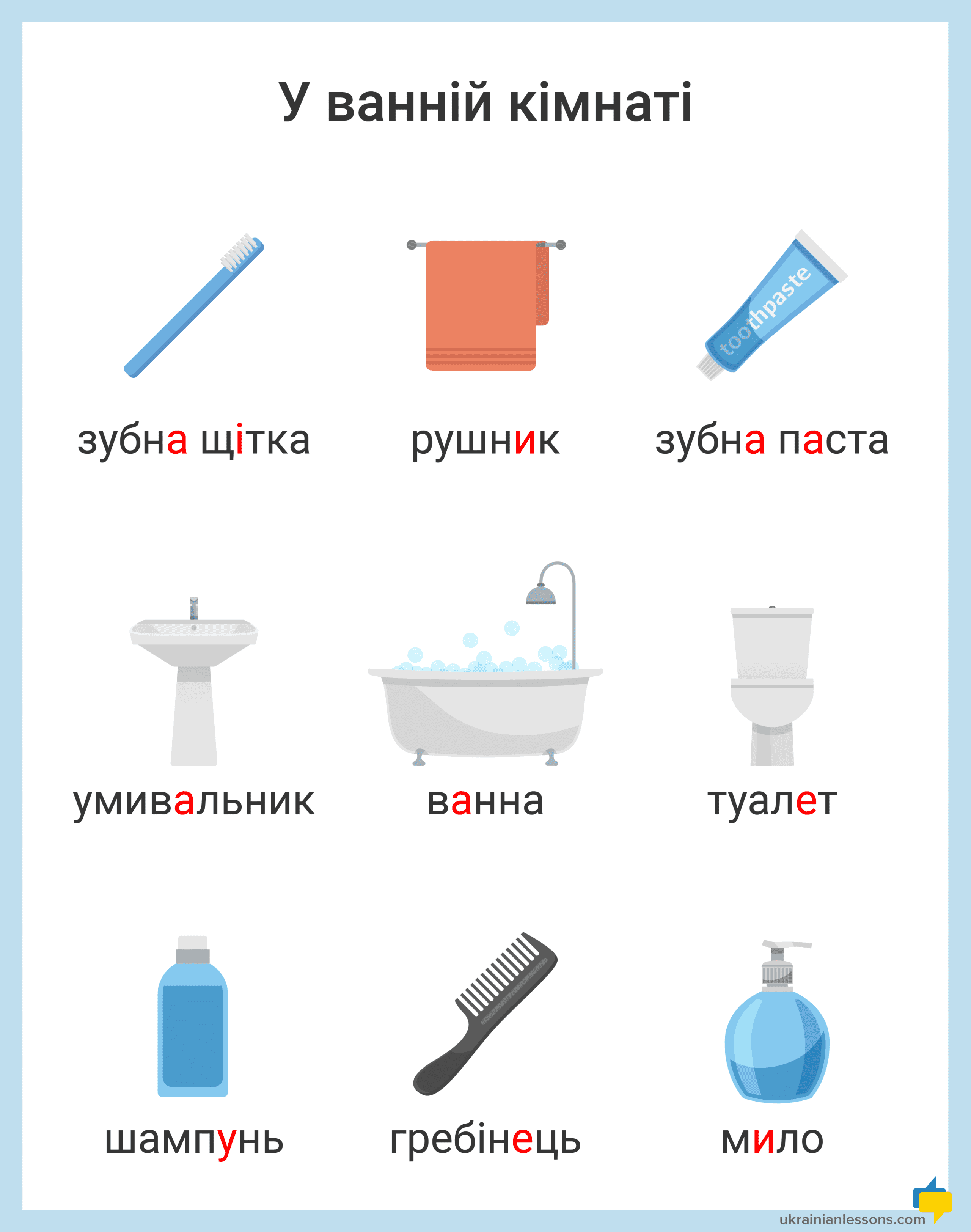 У ванній кімнаті — Bathroom Vocabulary in Ukrainian (with Illustrations and Audio) Ukrainian